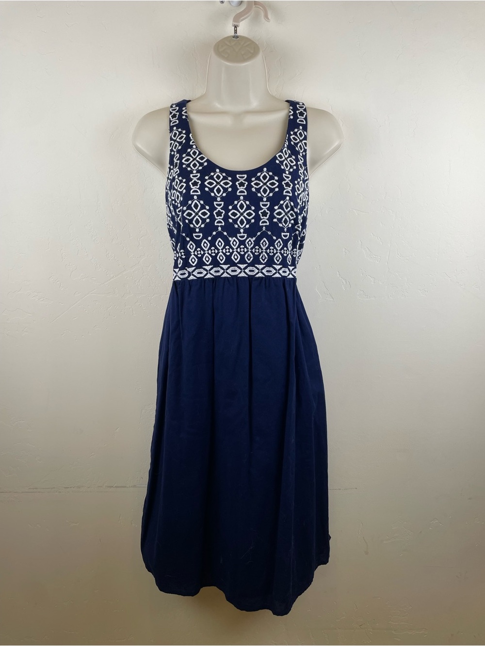 Beach Lunch Lounge Navy Blue Sleeveless Embroidered Fit & Flare Dress